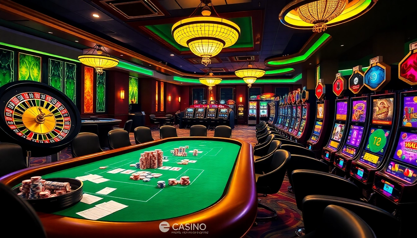 Découvrez l'excitation du meilleur casino en ligne avec une atmosphère de jeu dynamique comprenant des tables de poker et des roues de roulette.