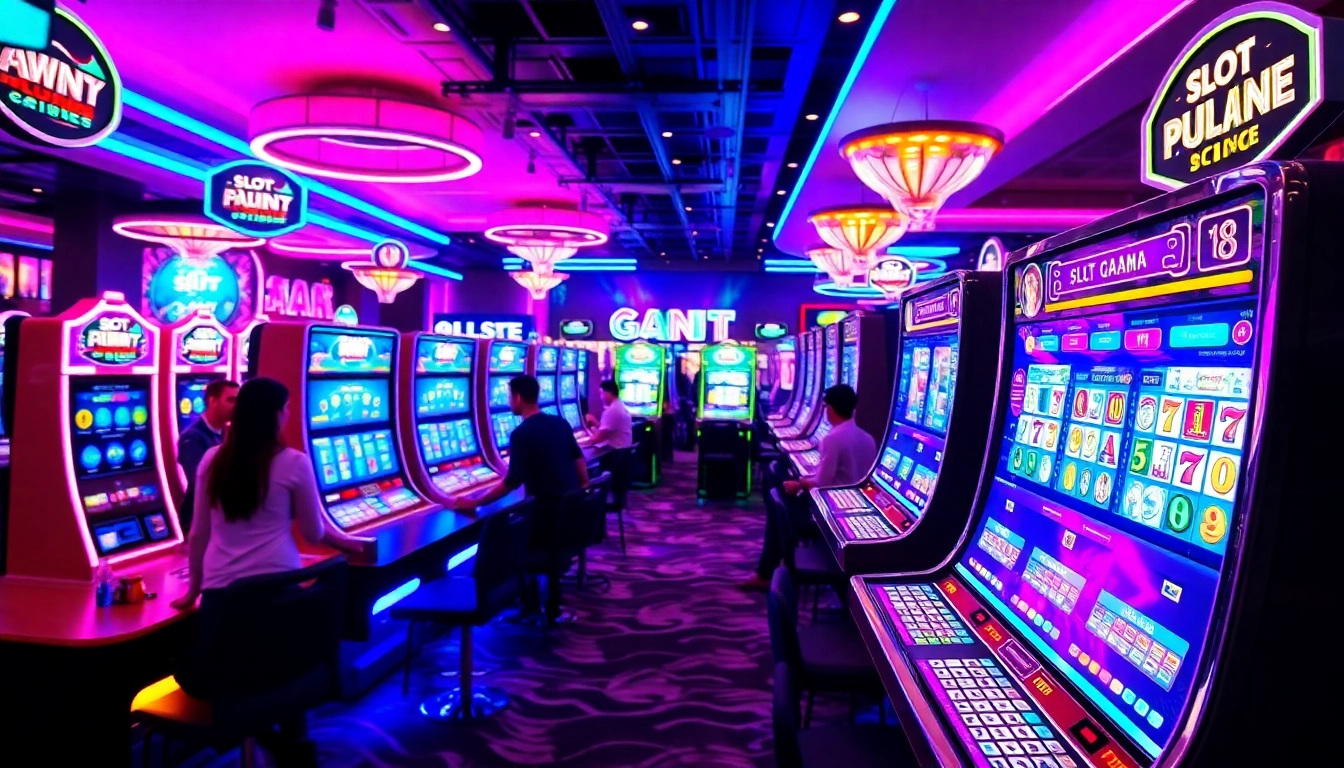 Menangkan slot pulsa dengan bermain di lingkungan kasino yang cerah dan penuh warna.