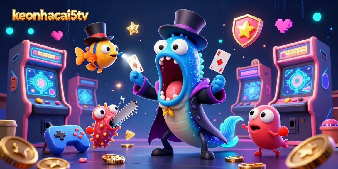 keonhacai5tv showcases a magical scene with a bioluminescent eel and anglerfish engaged in card tricks.