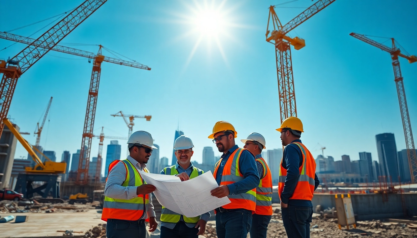 Engaged team in Austin construction discussing blueprints at a bustling construction site.
