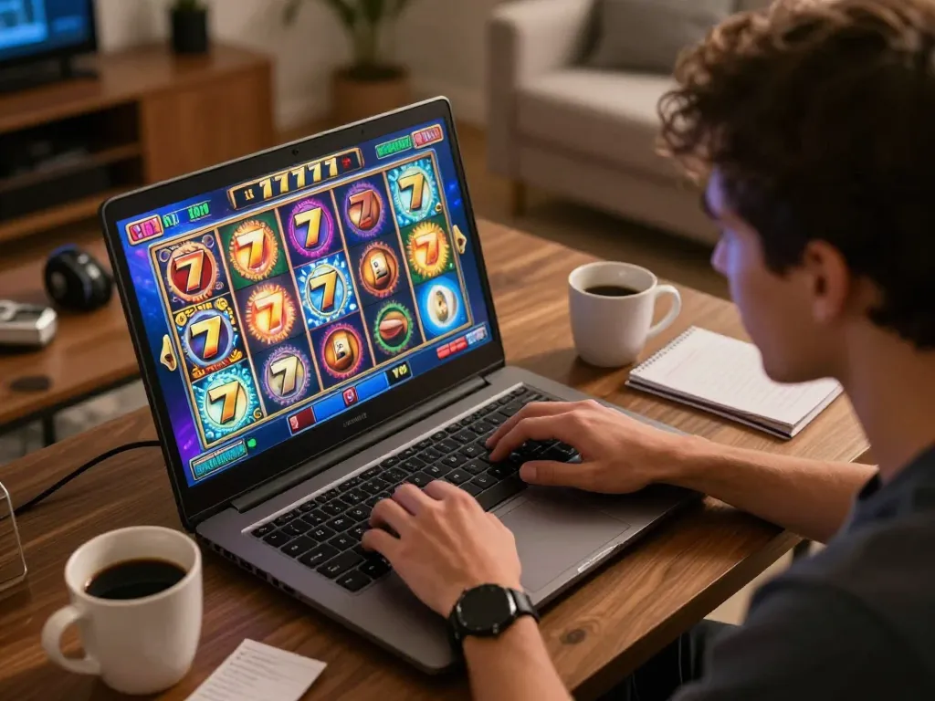 Engaging gameplay of slot777 showing vibrant slot reels on laptop during cozy home gaming session