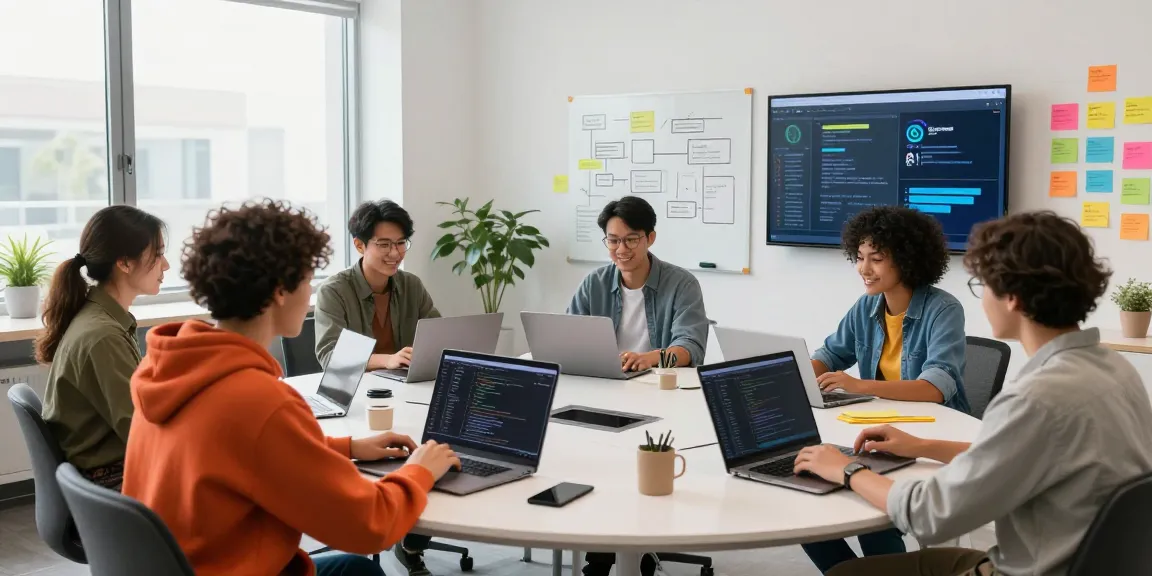 Collaborative tech workspace where a diverse group develops spicy AI applications with laptops and brainstorming on a whiteboard.