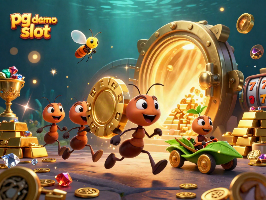 Experience the thrilling pg demo slot with a heist scene featuring cartoon ants and sparkling treasures.