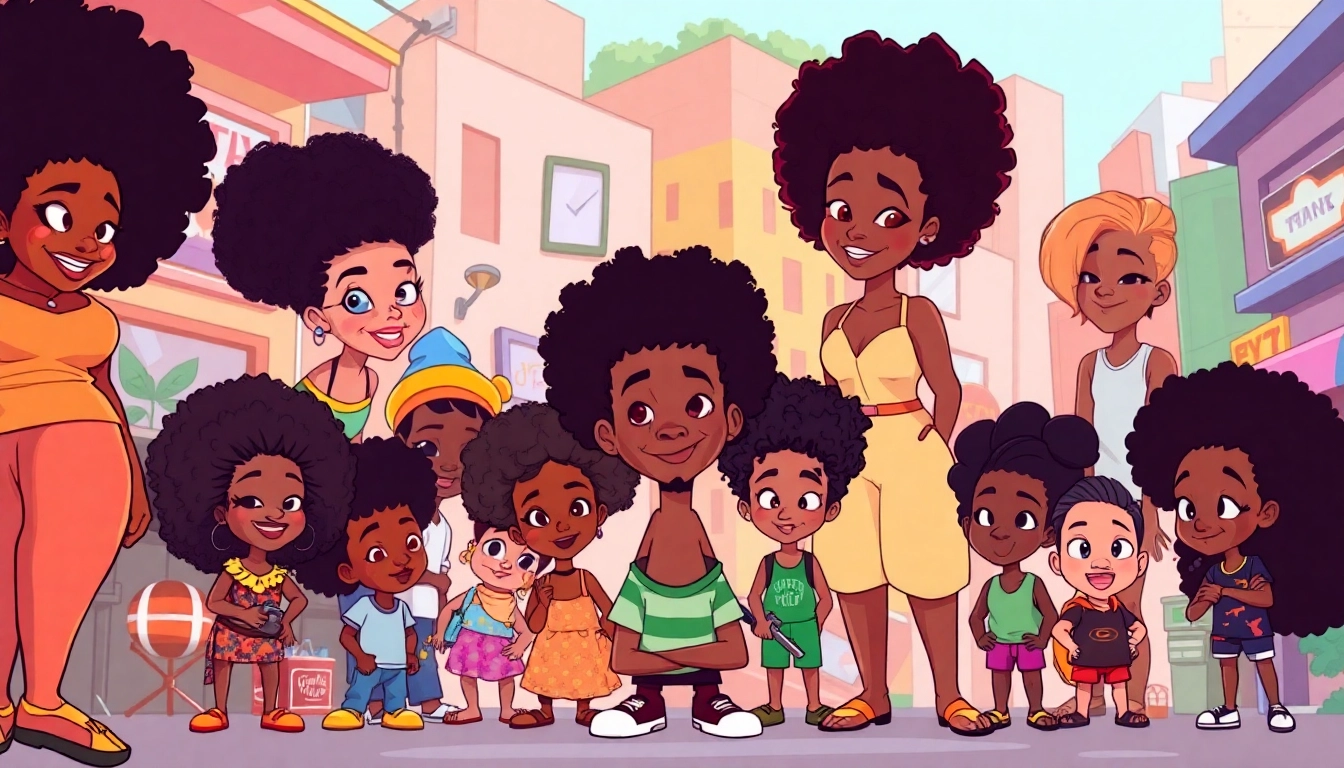 A joyful scene featuring African American cartoons celebrating diversity and representation in animation.