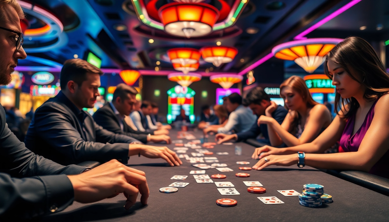 Jelajahi dewalive alternatif dalam suasana kasino yang hidup dengan pemain poker dan chip warna-warni.