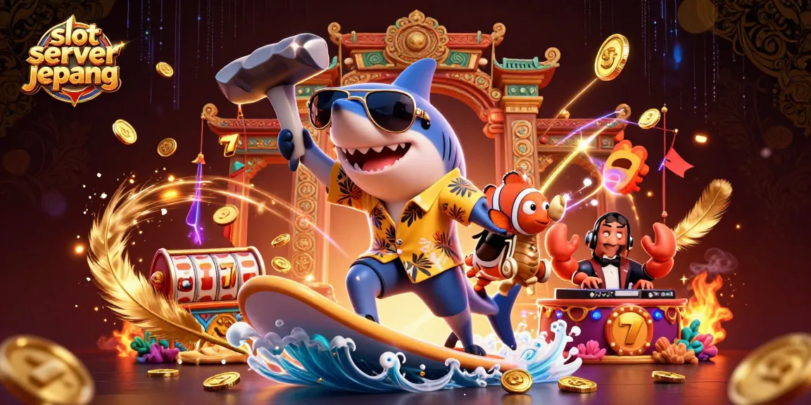 Experience thrilling slot server jepang action with a shark, clownfish, and DJ in a vibrant casino setting.