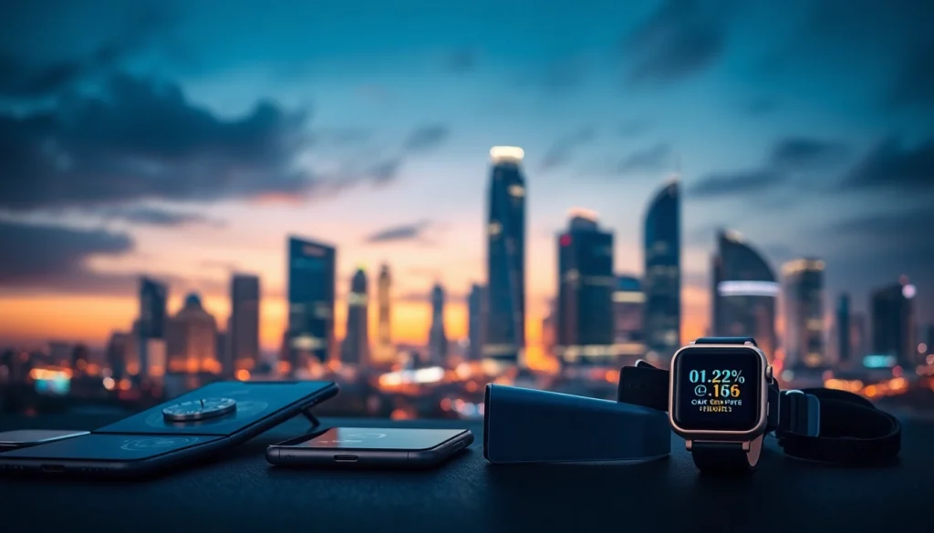 Engaging technology scene showcasing modern innovations against a vibrant city skyline.