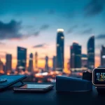 Engaging technology scene showcasing modern innovations against a vibrant city skyline.