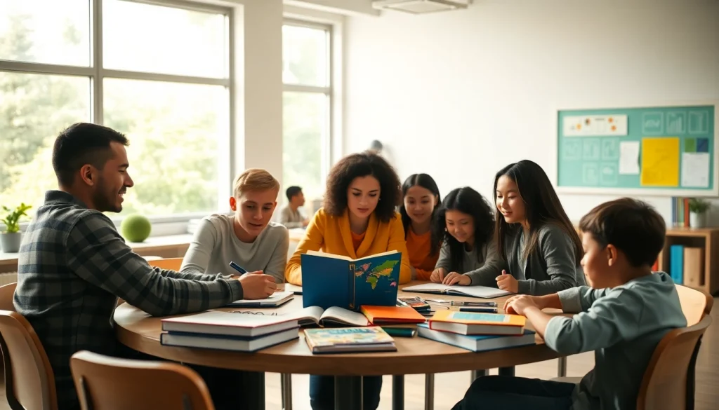 Students collaborating on Education activities in a vibrant classroom setting.
