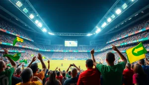 해외축구중계를 위해 응원하는 다양한 팬들이 있는 경기장 모습