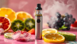 Faszination elf bar elfa umgeben von bunten Früchten und Dampf.