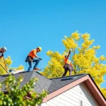 Showcasing reliable roofing services, a skilled team works on a residential roof under a bright blue sky.