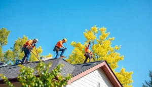 Showcasing reliable roofing services, a skilled team works on a residential roof under a bright blue sky.