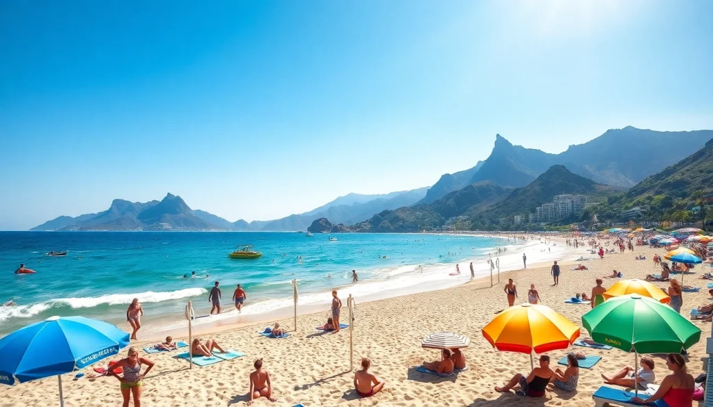 Enjoy diverse Activities & Attractions at a sunny beach with families, water sports, and scenic mountains.