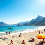 Enjoy diverse Activities & Attractions at a sunny beach with families, water sports, and scenic mountains.