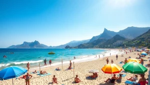 Enjoy diverse Activities & Attractions at a sunny beach with families, water sports, and scenic mountains.