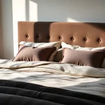 Coprimaterasso matrimoniale di alta qualità in un ambiente accogliente e raffinato, evidenziando il comfort del prodotto.