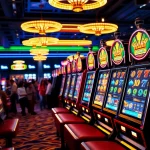 Permainan slot gacor hari ini dengan mesin berwarna-warni di kasino yang ramai.