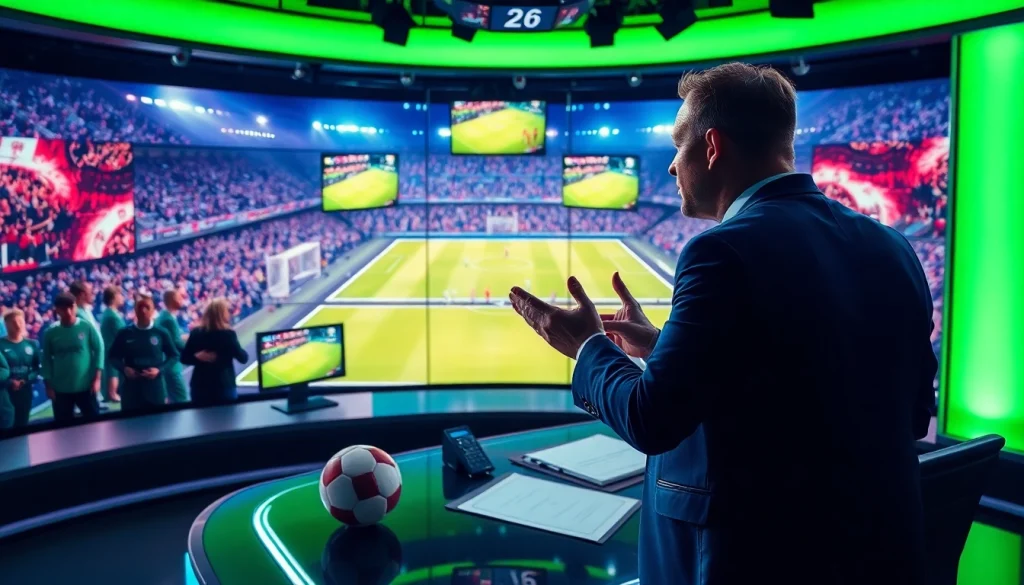 해외축구중계에 대한 열정적인 방송 장면을 보여주는 이미지