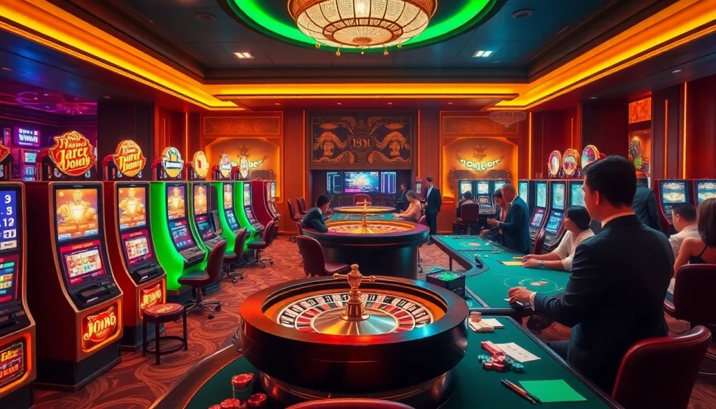 Thrilling casino atmosphere highlighting Trang chủ MM88 with engaging roulette and slot machines.