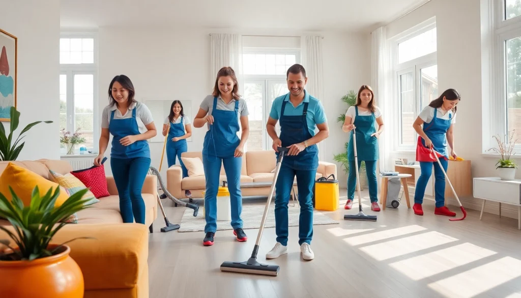 Cleaning Service team actively tidying a modern home, showcasing professional and organized efforts.