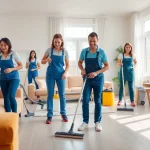 Cleaning Service team actively tidying a modern home, showcasing professional and organized efforts.