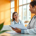 Empowering Health consultation between a professional and a patient in a bright clinic.