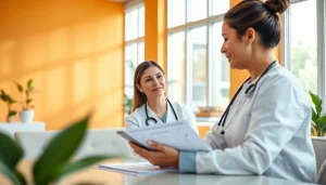 Empowering Health consultation between a professional and a patient in a bright clinic.