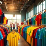 Shop vibrant discount football shirts with team logos on display in a colorful store setting.