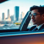 Experience premier Chauffeur Hire with an elegant luxury sedan in a bustling city backdrop.