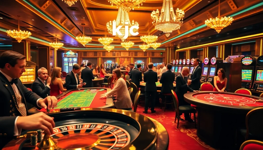 Engaging scene of players at a casino with "kjc" prominently featured at a poker table, capturing the thrill of the game.