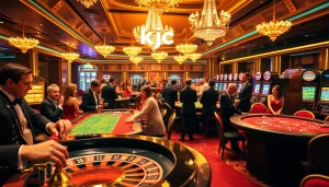 Engaging scene of players at a casino with "kjc" prominently featured at a poker table, capturing the thrill of the game.