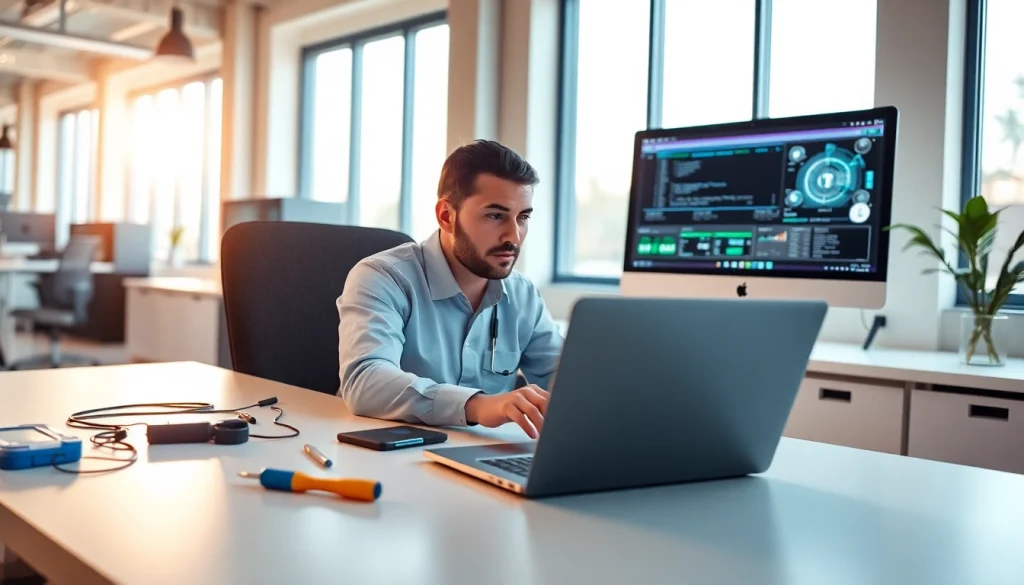 Delivering expert computer service while troubleshooting a laptop in a professional workspace.