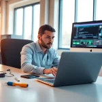 Delivering expert computer service while troubleshooting a laptop in a professional workspace.