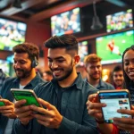 Bettors exploring the best sports betting sites India on mobile devices amidst a vibrant sports bar setting.