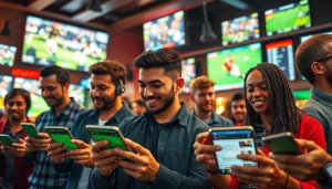 Bettors exploring the best sports betting sites India on mobile devices amidst a vibrant sports bar setting.