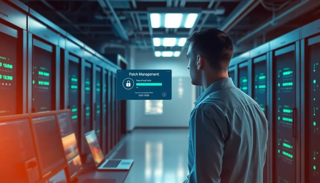 Implementing Patch Management Services with a modern IT technician in a server room.
