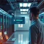 Implementing Patch Management Services with a modern IT technician in a server room.