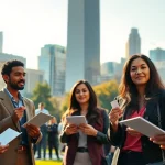 Job seekers networking in a vibrant Chicago jobs market with skyline backdrop.