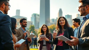 Job seekers networking in a vibrant Chicago jobs market with skyline backdrop.