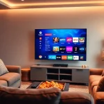 Enjoying iron iptv in a cozy living room with modern furniture and a sleek TV interface.
