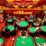 Experience the excitement of rr88com with lively casino tables, players, and vibrant slot machines.
