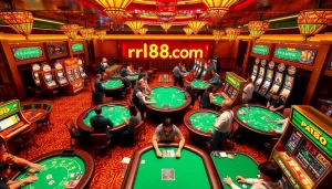 Experience the excitement of rr88com with lively casino tables, players, and vibrant slot machines.