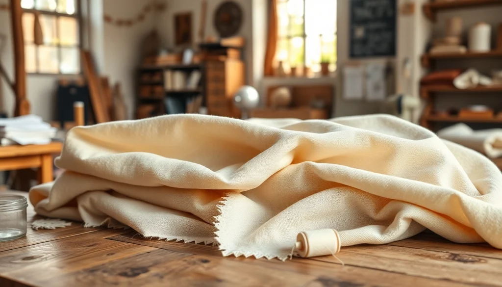 Bekijk ongebleekt katoenstoffen met natuurlijke texturen in een sfeervolle werkplaats.