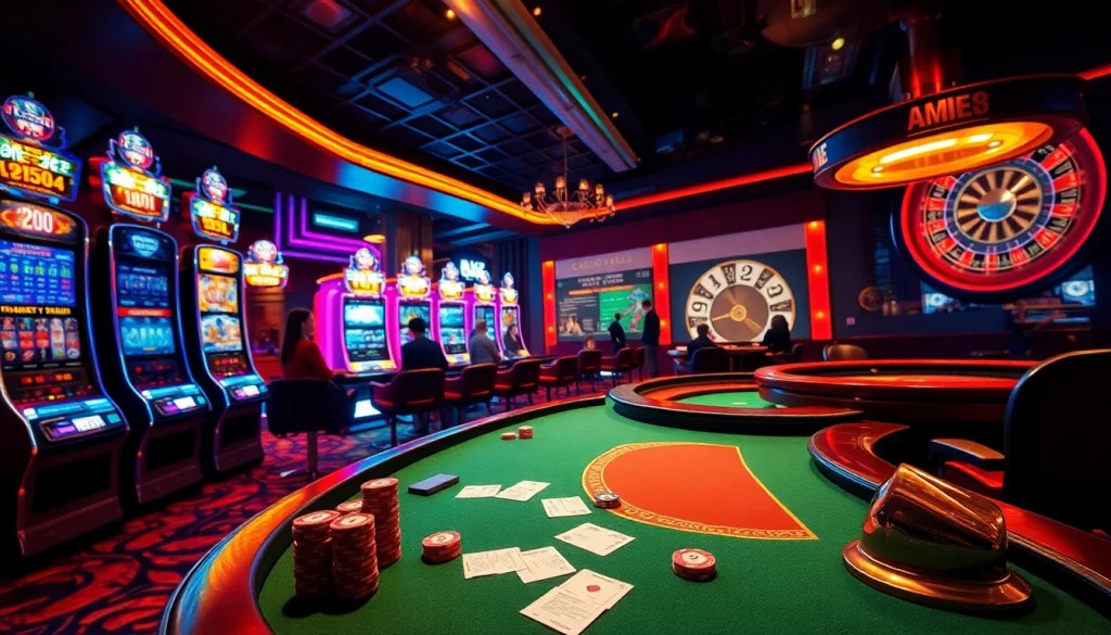 Explore the MM88 gaming experience with a vibrant casino scene featuring roulette, poker, and slots.