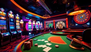 Explore the MM88 gaming experience with a vibrant casino scene featuring roulette, poker, and slots.