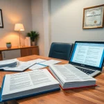 Bureau d'un traducteur assermenté russe avec des documents officiels et des outils de traduction.