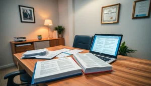 Bureau d'un traducteur assermenté russe avec des documents officiels et des outils de traduction.