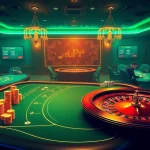 An exciting online gambling scene at https://rr88.wales/ featuring luxurious poker tables and vibrant roulette wheels.