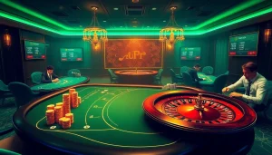 An exciting online gambling scene at https://rr88.wales/ featuring luxurious poker tables and vibrant roulette wheels.